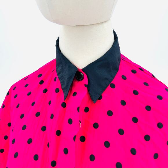 Vintage 80s Chaus Hot Pink Black Polka Dot Oversized Collar Blouse - Picture 2 of 6